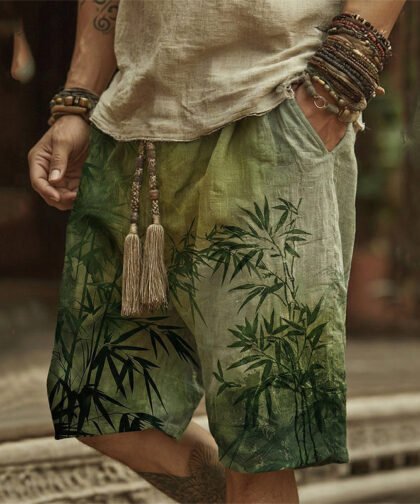 Men's Japanese Bamboo Art Print Linen Blend Casual Shorts