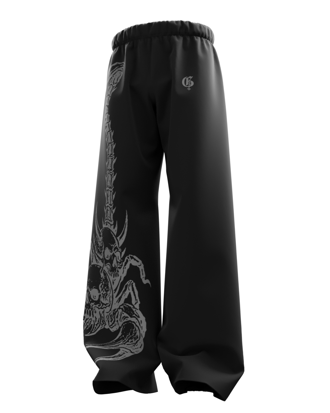 Skullpion_Black_Unisex_Straight_Fit_Baggy_Pants_downtilt.png